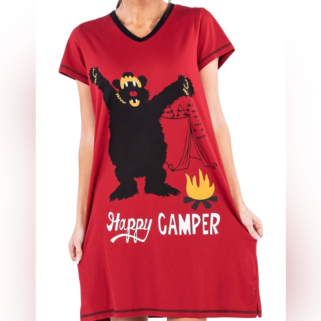 Lazy One Women's Happy Camper Big Bear Red Midi Length Sz Sm Nwt